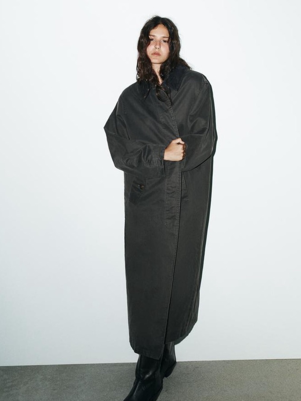 NWOT. Zara Anthracite Grey Waxed-Effect Long Trench Coat. Size M-L. - Picture 2 of 16